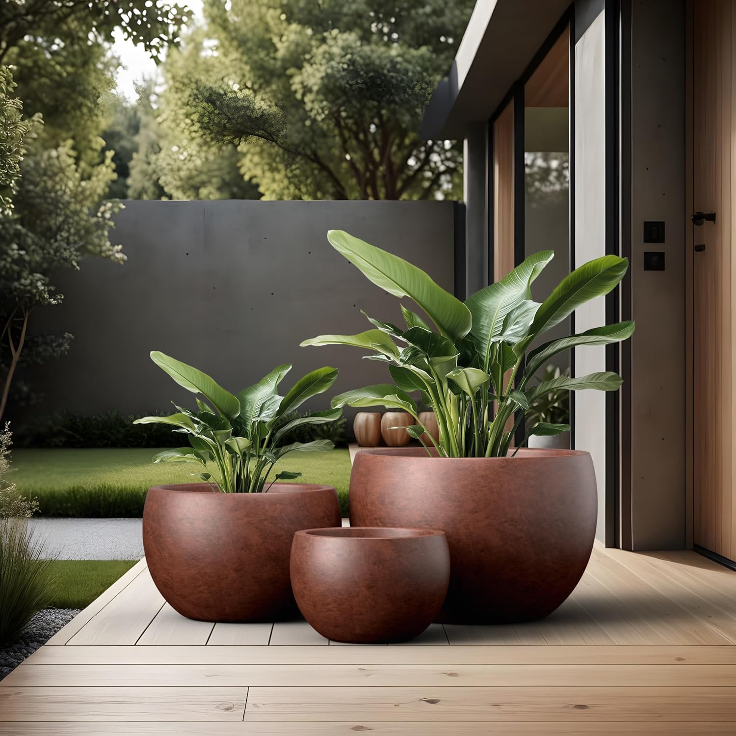 Kante Set of 3 Rusty Concrete Bowl Planters 19.9" 15.7" 11.8" Dia | Drainage for Outdoor, Rubber Plug for Indoor Home