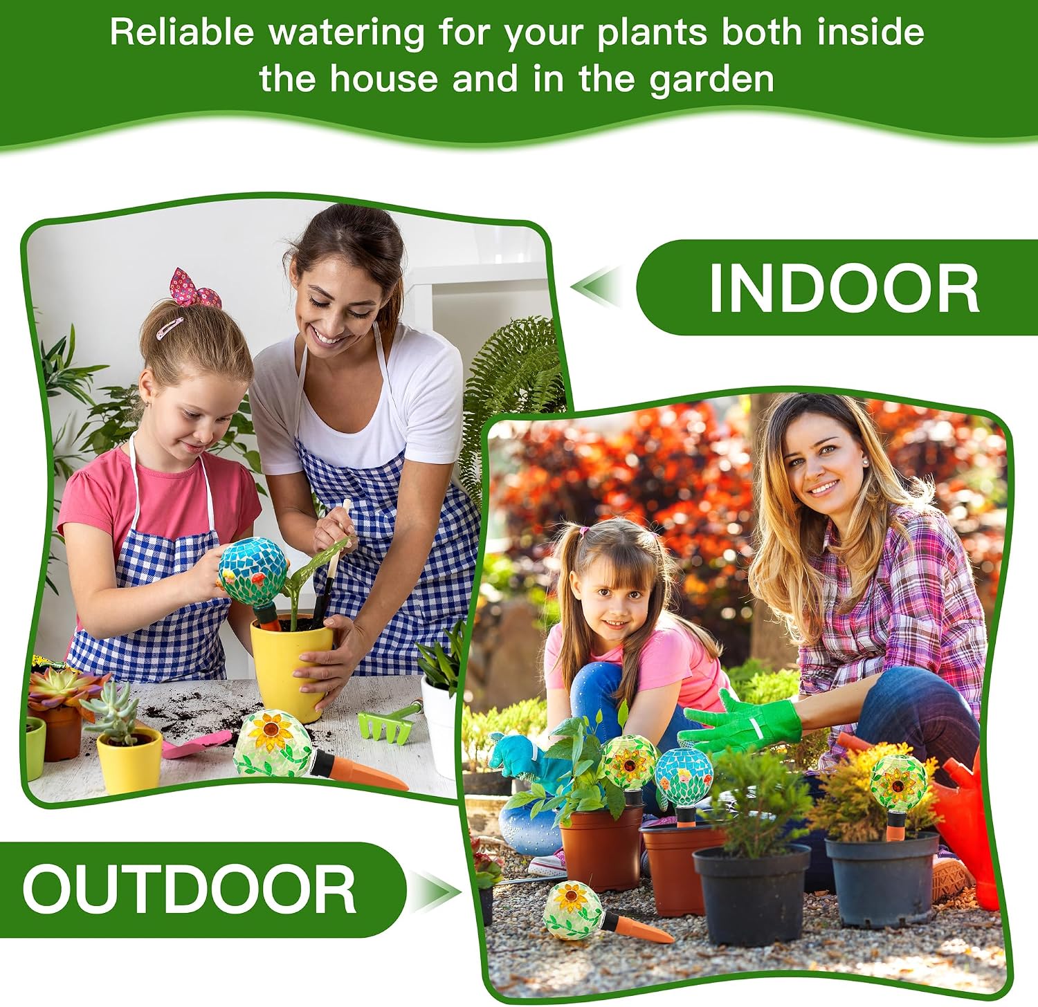 SAVENNA Mosaic Plant Watering Globes with Terracotta Spikes, 17oz Glass Self Watering Globes for Indoor & Outdoor