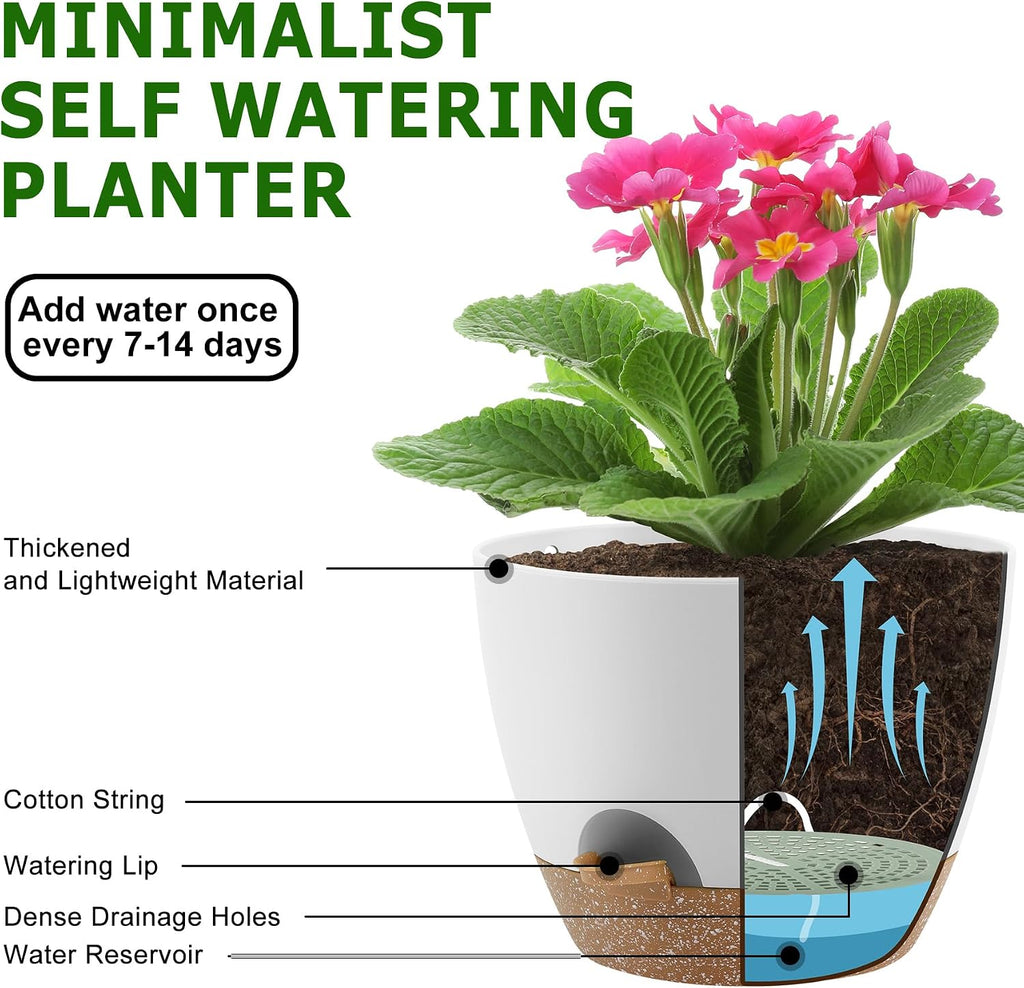 QRRICA Plant Pots 10/9/8/7.5/7 Inch Self Watering Pots, Set of 5 Plastic Planters with Drainage Holes and