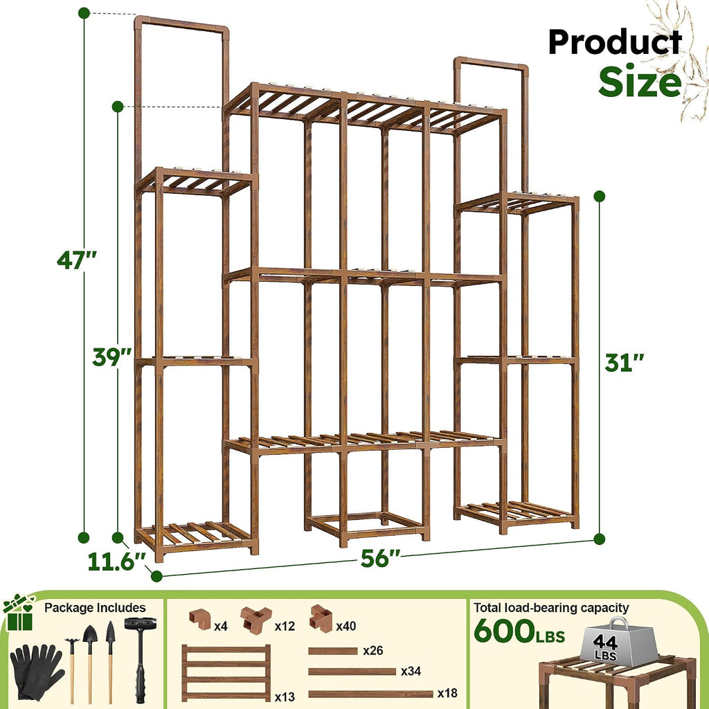 EnHomee 56" W Large Plant Stand with 13 Tiers, Living Room and Patio | Holds 18–22 Pots, Plant Lovers, Carbonized
