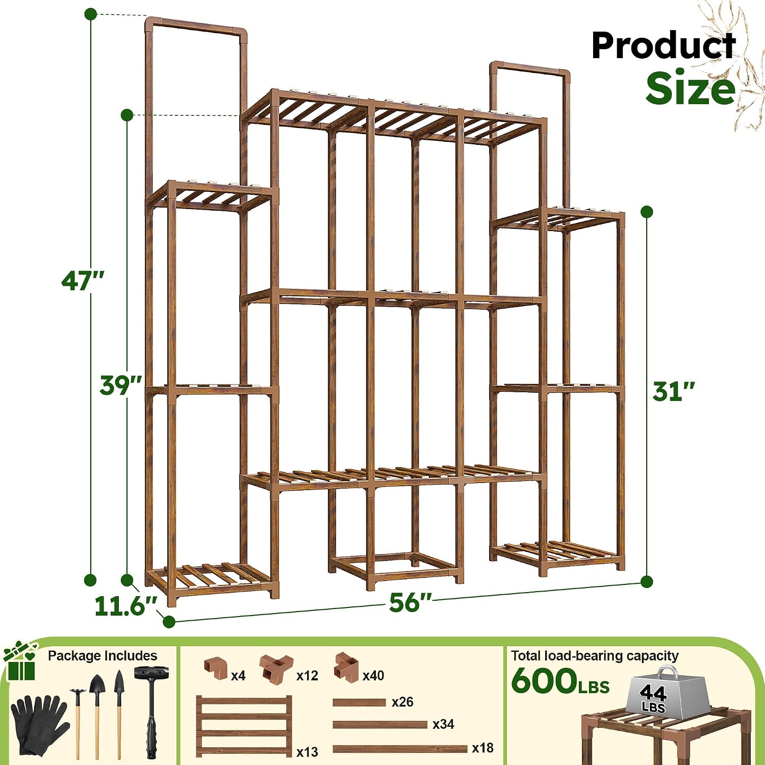 EnHomee 56" W Large Plant Stand with 13 Tiers, Living Room and Patio | Holds 18–22 Pots, Plant Lovers, Carbonized