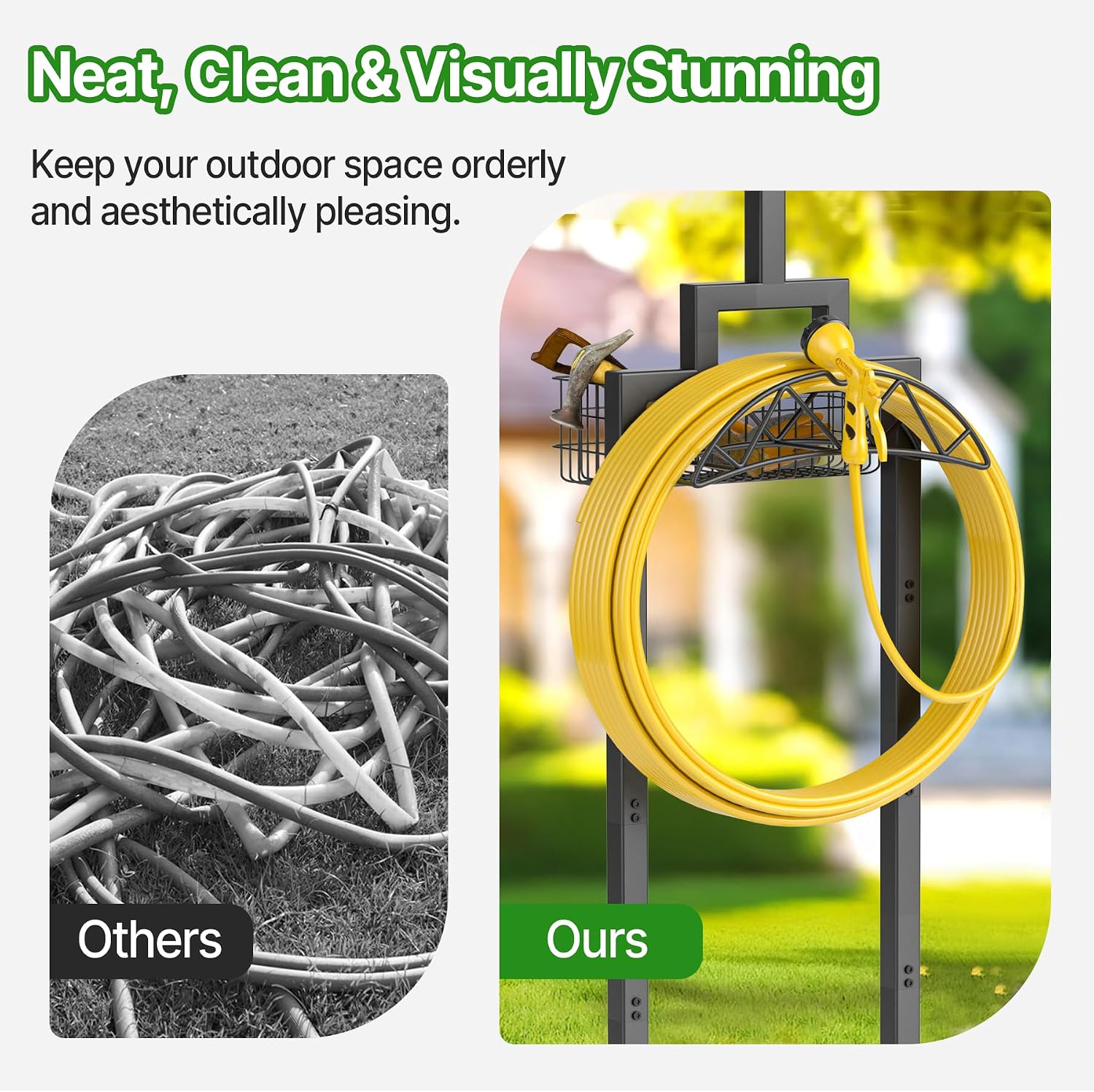 Garden Hose Holder, Water Hose Holders for Outside with Storage Basket & 2 Shepherds Hooks, Detachable Garden Hose