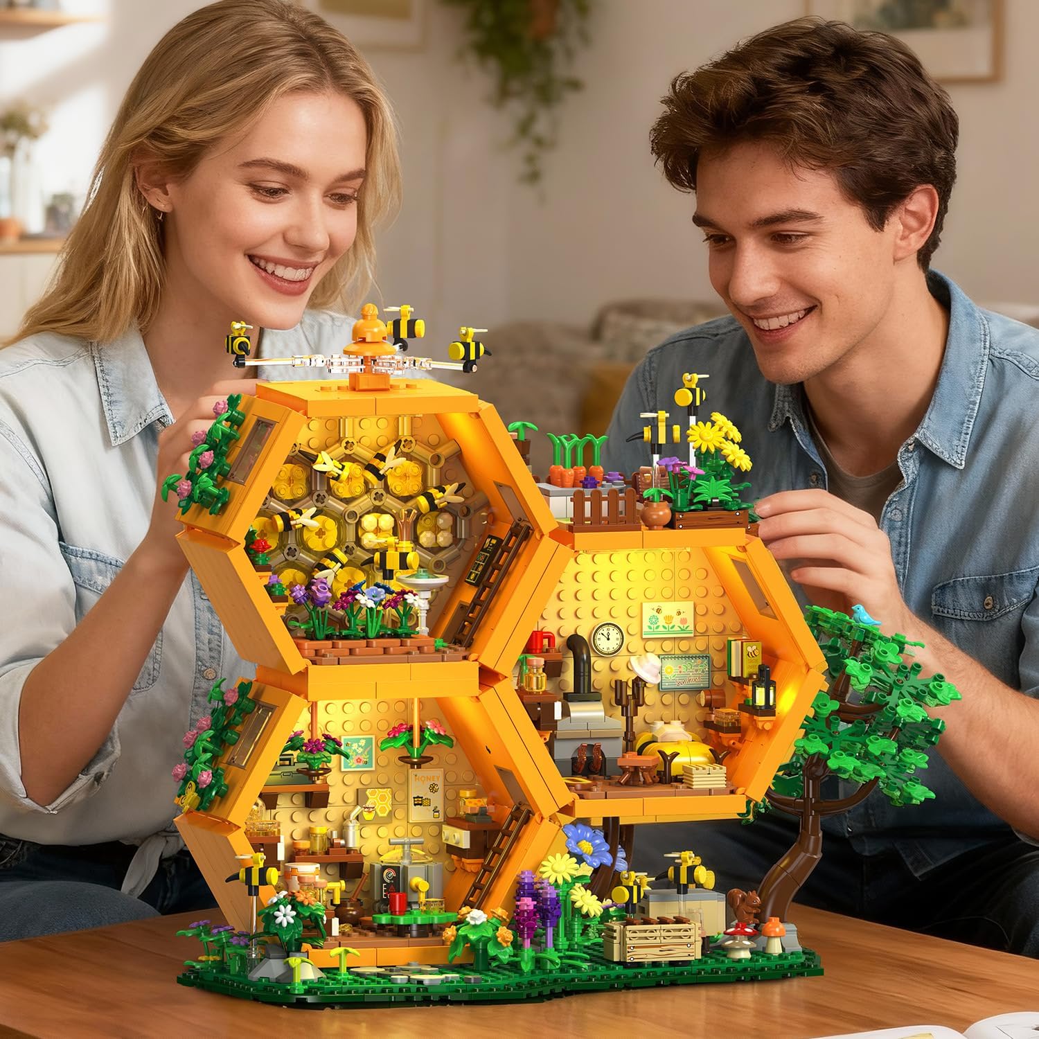 INSOON Bee House Building Set with Lights for Adults, Farm Treehouse Kit | Honey Bee Garden Display Model with