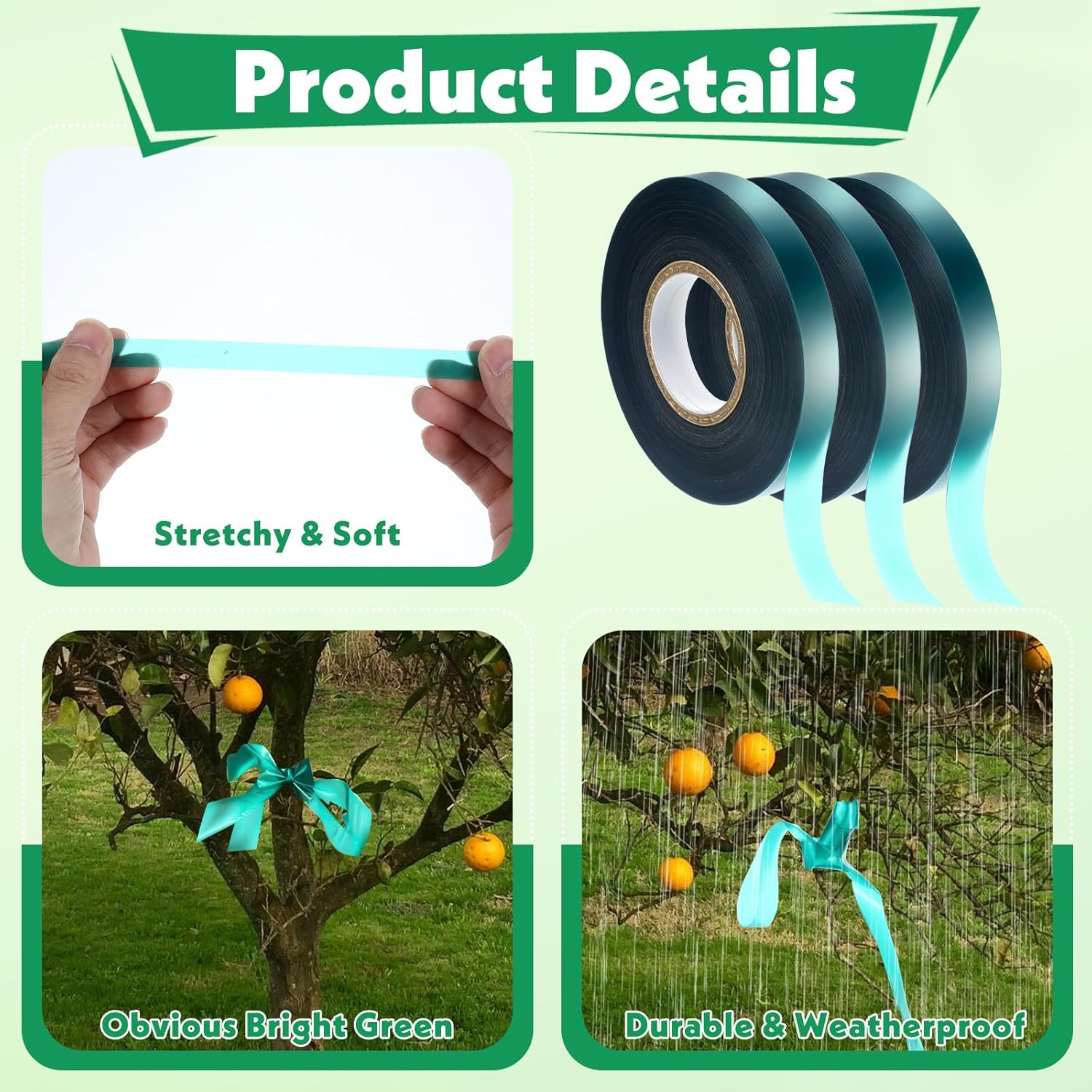 24 Pcs Stretch Tie Tape, 150 Feet x 1/2" Wide Reusable Garden Plant Ties Green Tapes for Plants, Thick Garden Vinyl