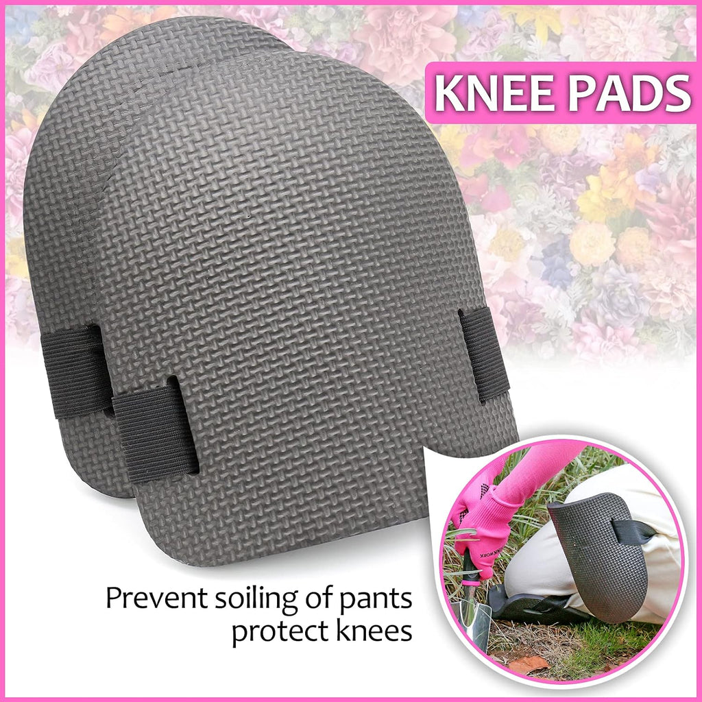 THINKWORK Pink Garden Tools, Gardening Gifts for Women, with 2 in 1 Detachable Storage Bag, Trowel, Transplanter, Rake