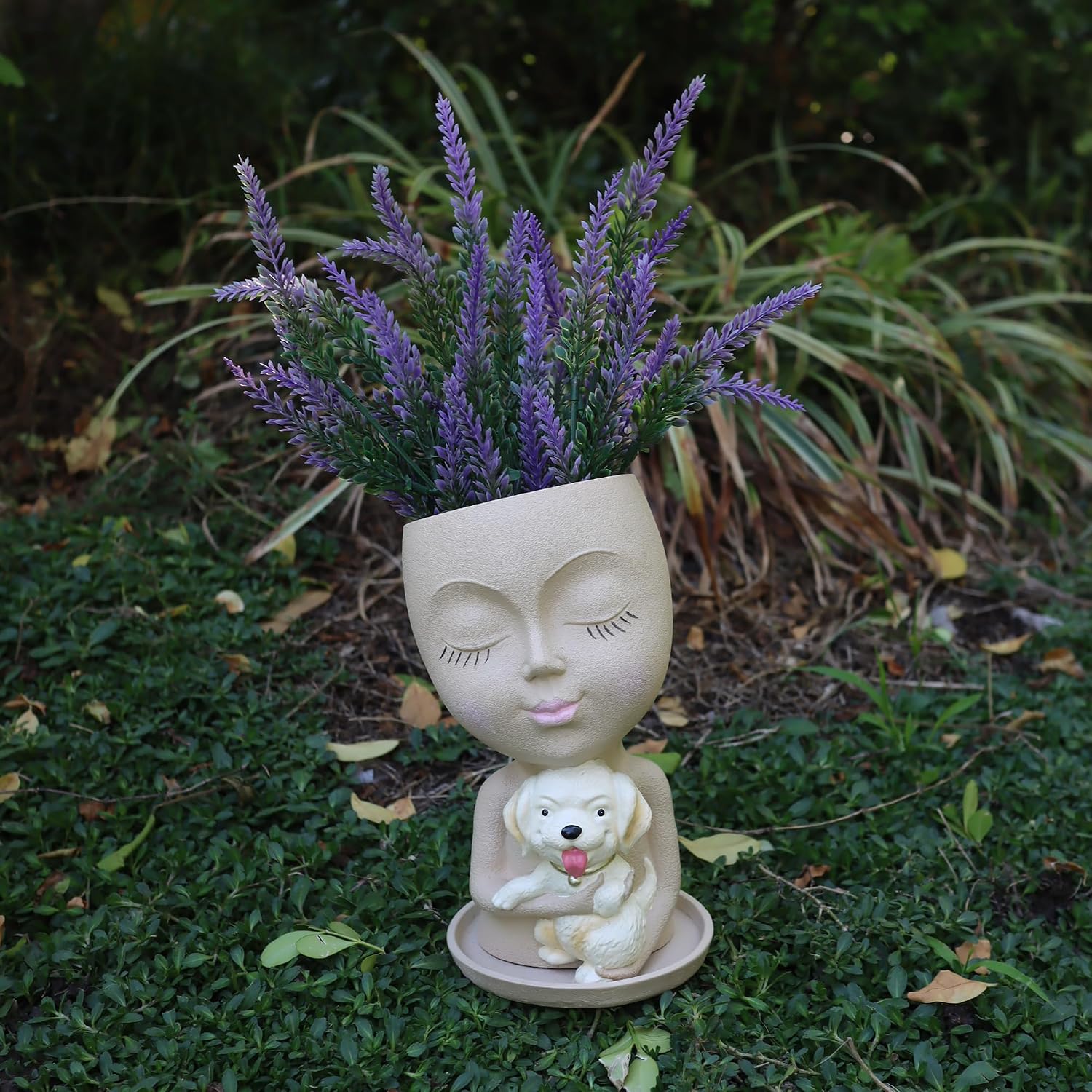 Dolkgy Cute Face Planter with Dog Head Planters Pot for Indoor Outdoor Plants, Succulent Flower Pot with Drainage Tray