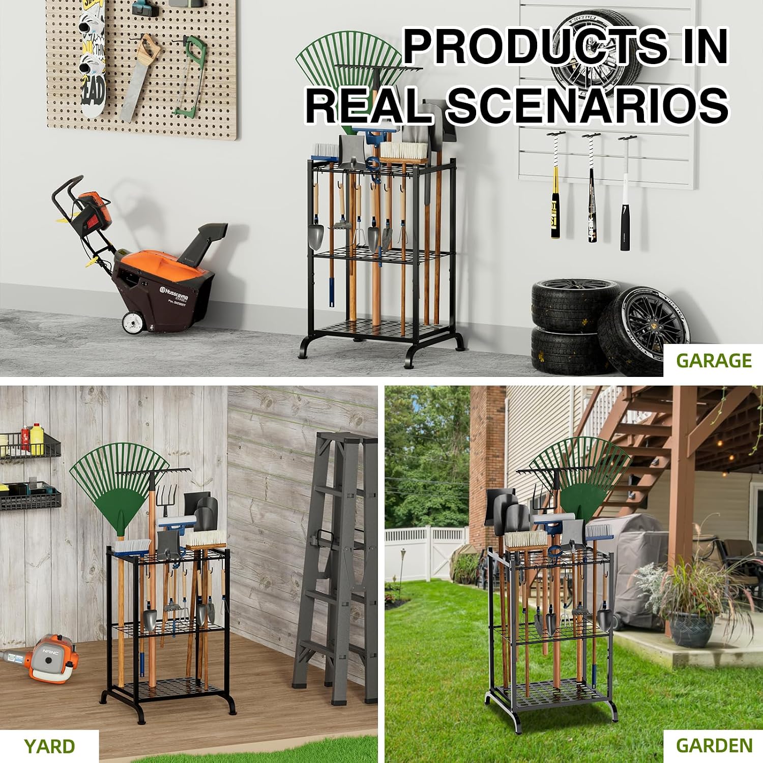 RANXFLOAT Garden Tool Organizer with Storage Hooks, Yard Tool Tower Rack for Garage Organization and Storage, Up to 35