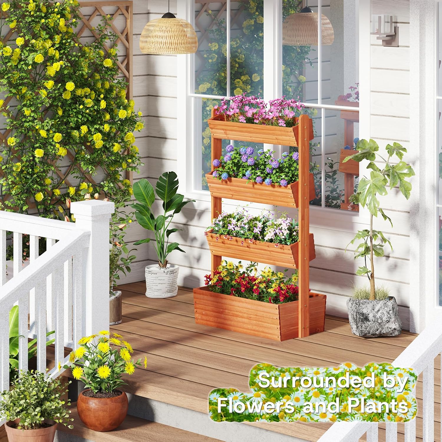 kiplant Adjustable Angle 4-Tiered Wooden Raised Garden Bed, Freestanding Vertical Planter Rack, Plant Box for Herbs