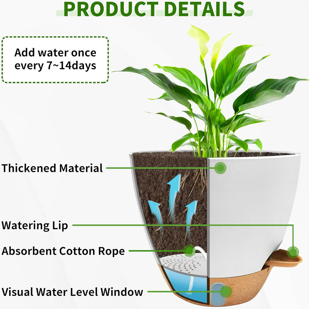 12/10/9/8 inch Self Watering Pots with Visual Water Window, Extra Large Self Watering Plant Pot with Drainage Holes and