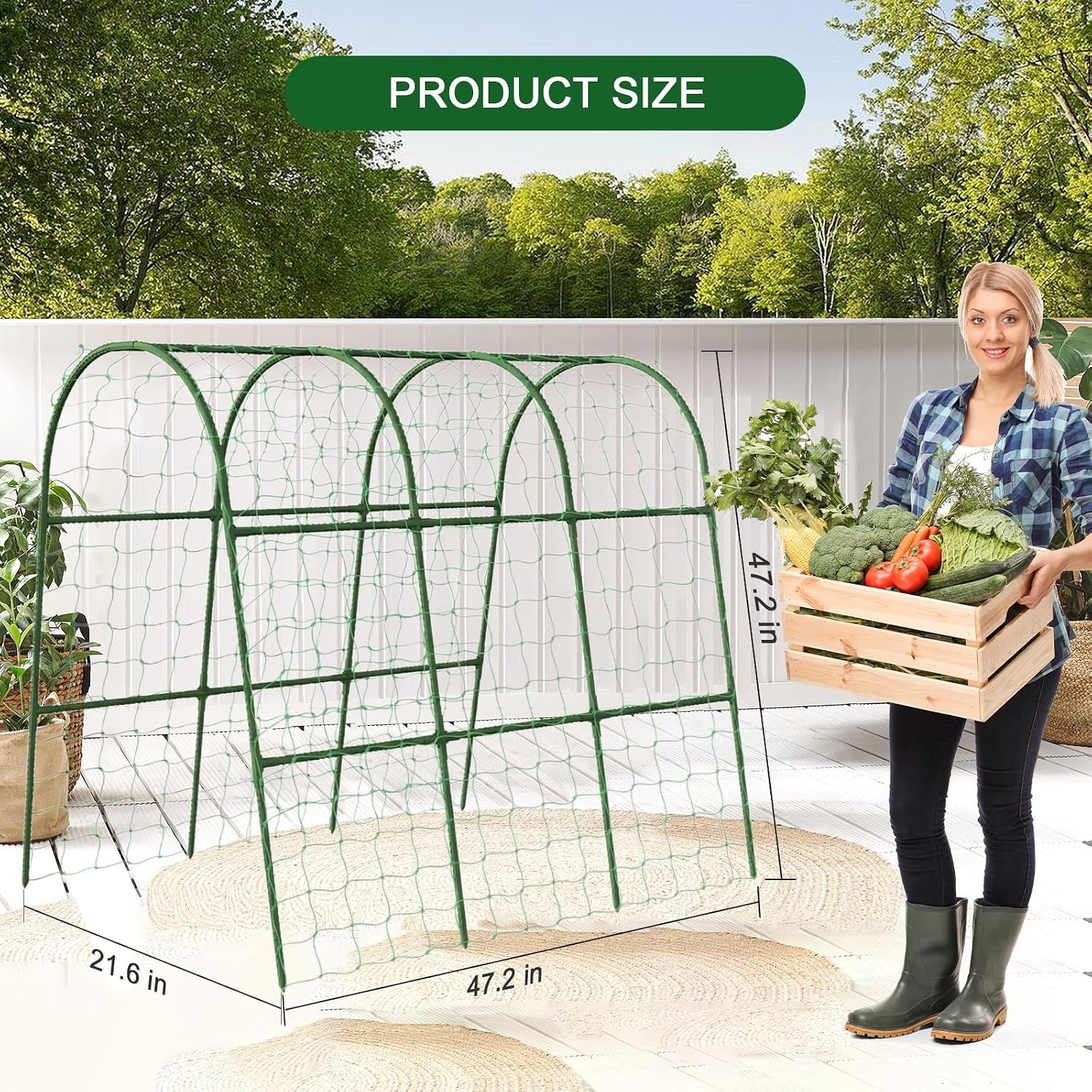 47"x47"x22" U-Shape Cucumber Trellis, Metal Plant Support with Net | 20 clips & ties included， weatherproof heavy-duty