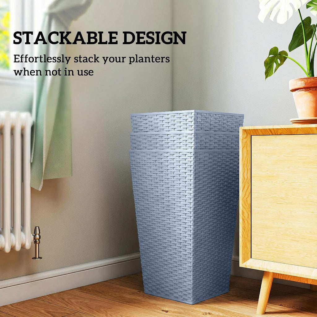 Outsunny 24 in Taper Tall Planters for Outdoor Plants Set of 3, Light Gray | with Drainage Holes, Rattan Decor Plant