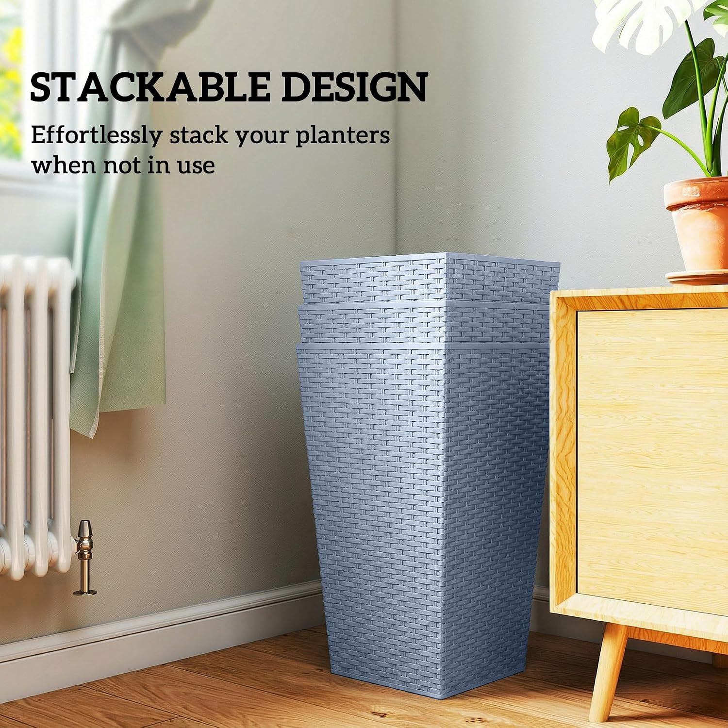 Outsunny 24 in Taper Tall Planters for Outdoor Plants Set of 3, Light Gray | with Drainage Holes, Rattan Decor Plant