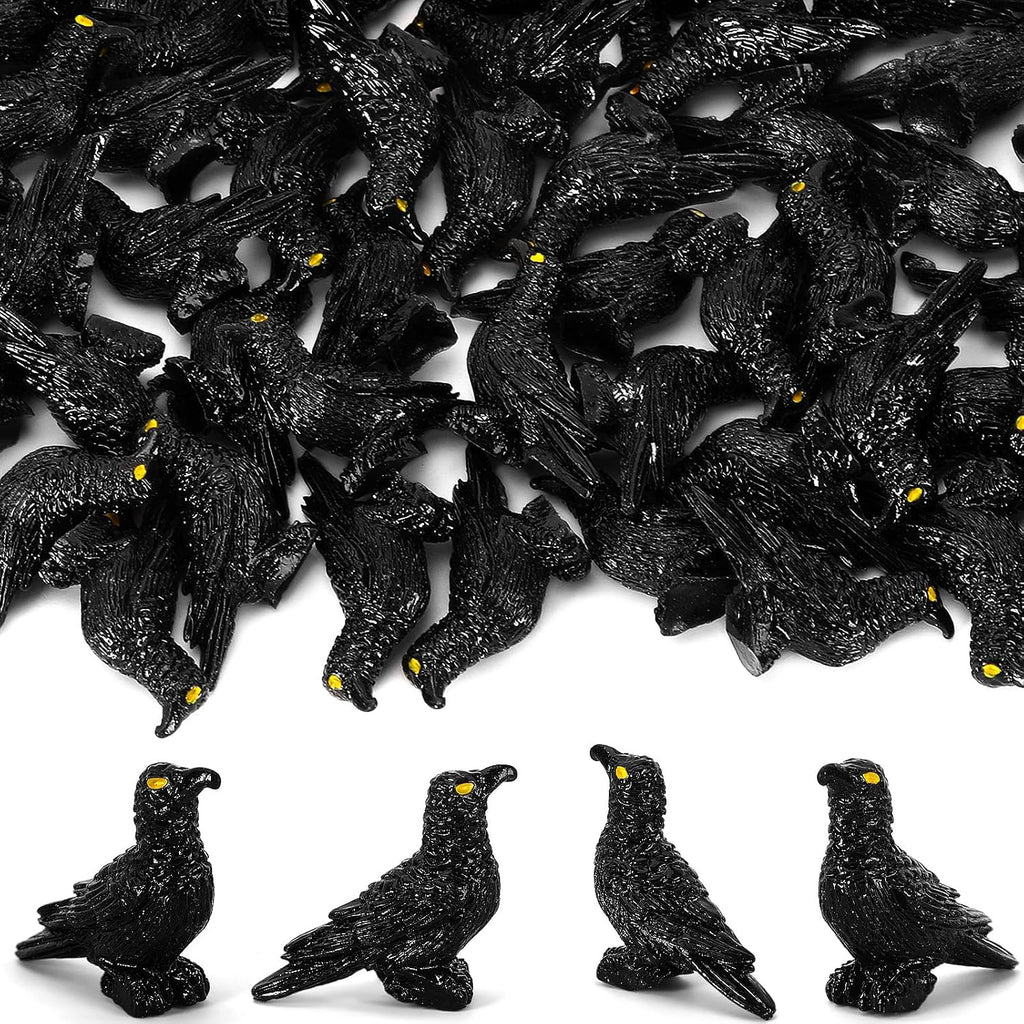 JUNEBRUSHS 50 Pcs Black Mini Resin Crow Halloween Table Decorations