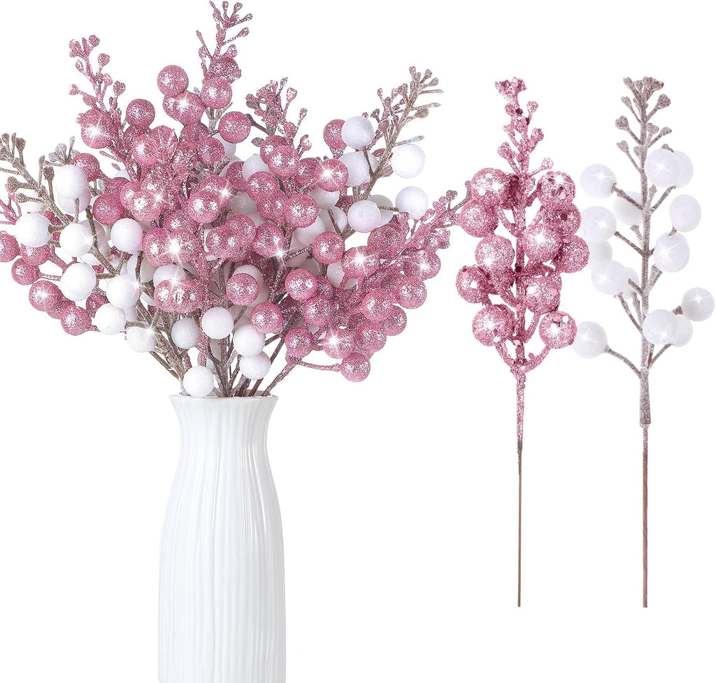Geosar 36 Pcs Christmas Glittered Berries Stems, White, Pink