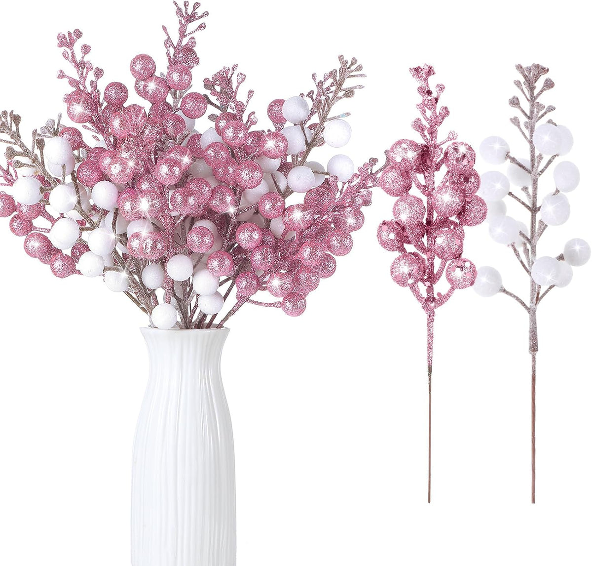 Geosar 36 Pcs Christmas Glittered Berries Stems, White, Pink