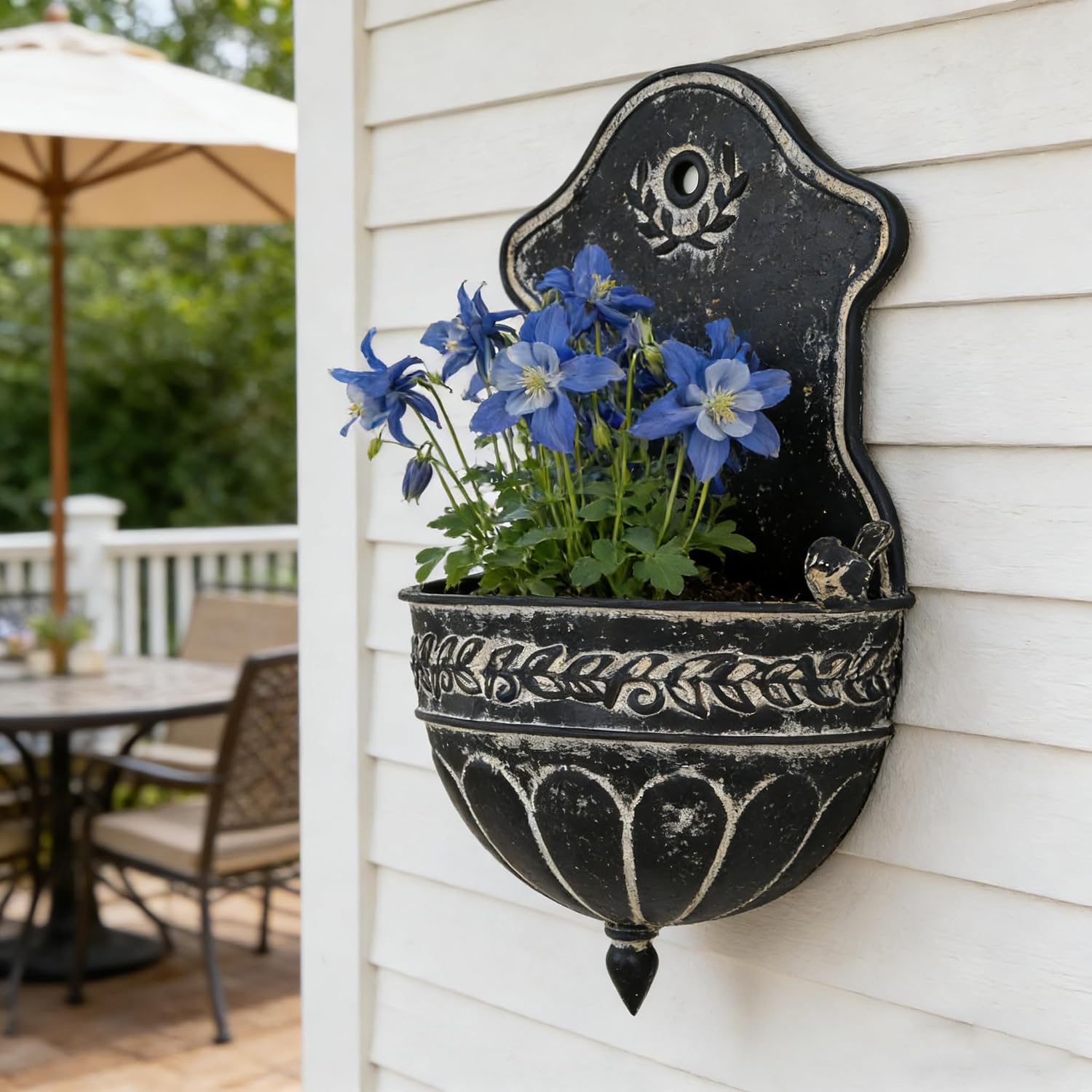 Vintage Distressed Black Metal Wall Planter, Rustic Hanging Pocket Planter with Scrollwork & Scalloped Design
