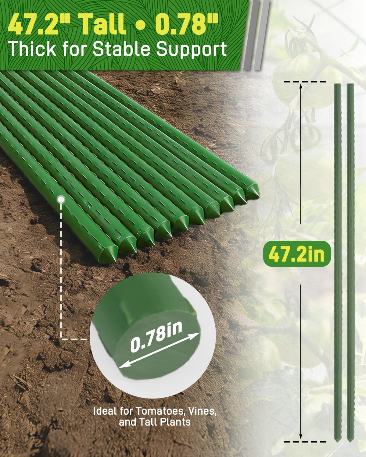 25 Pack 4FT Garden Stakes with Clips & Ties, 0.78" Steel Core Plastic Covered Plant Support Stakes for Tomatoes