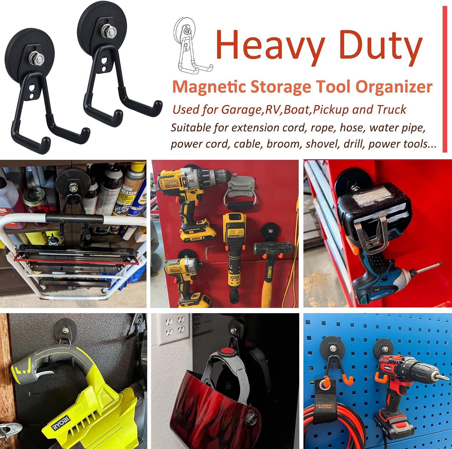ULIBERMAGNET Heavy Duty Magnetic Garage Hooks,10 Pack Strong Large Magnet Hook for Power Drill,Garden