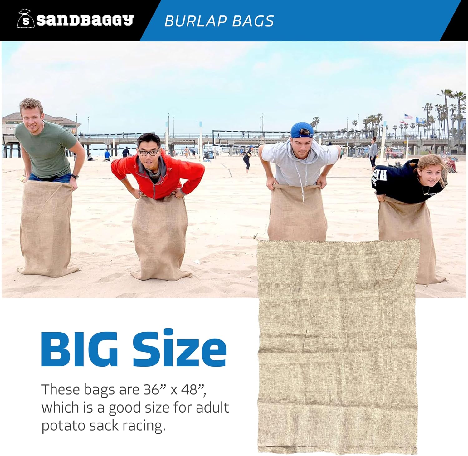 Sandbaggy 36" x 48" Extra Large Burlap Bags - Adult Potato Sack Racing, Grow, Plant Covers - Reusable Grocery Bags