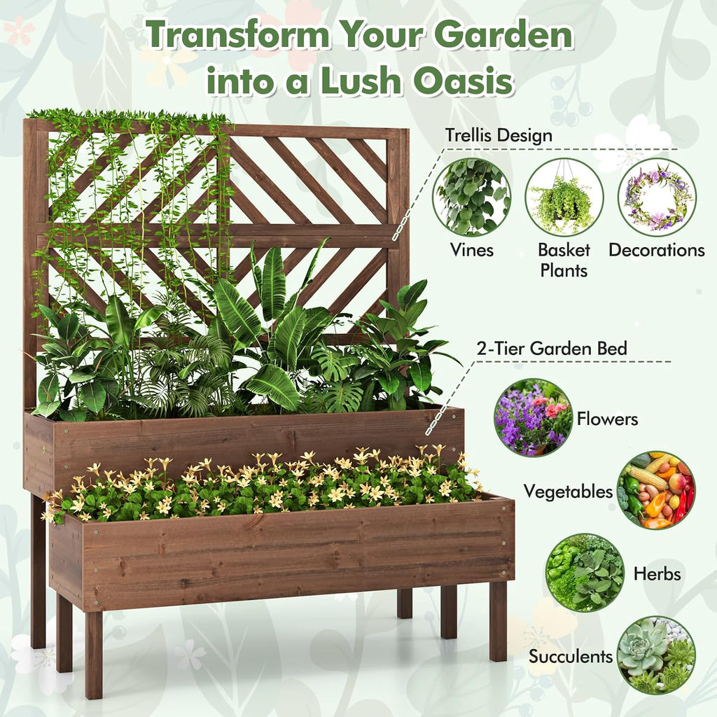 Raised Garden Bed with Trellis & 2 Planter Boxes, 2-Tier Outdoor Wooden Elevated Planter Box with Legs & Drainage