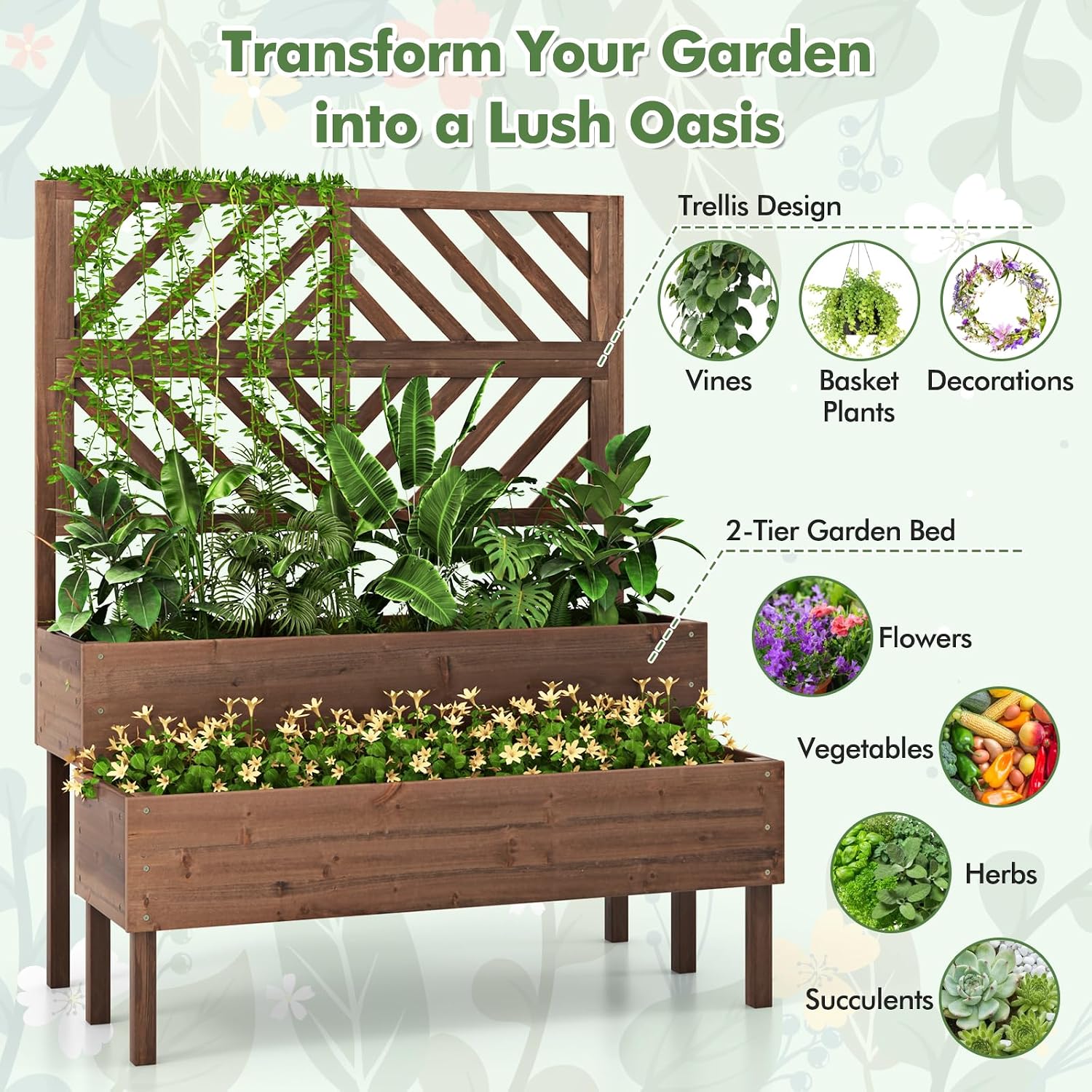 Raised Garden Bed with Trellis & 2 Planter Boxes, 2-Tier Outdoor Wooden Elevated Planter Box with Legs & Drainage