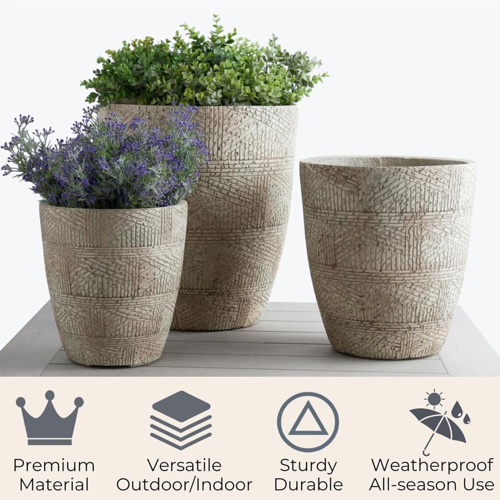 17.7"+13.7"+11.4" Weathered Concrete Planters with Drainage Hole Set of 3 | Hand-finished Flower Pots for Indoor