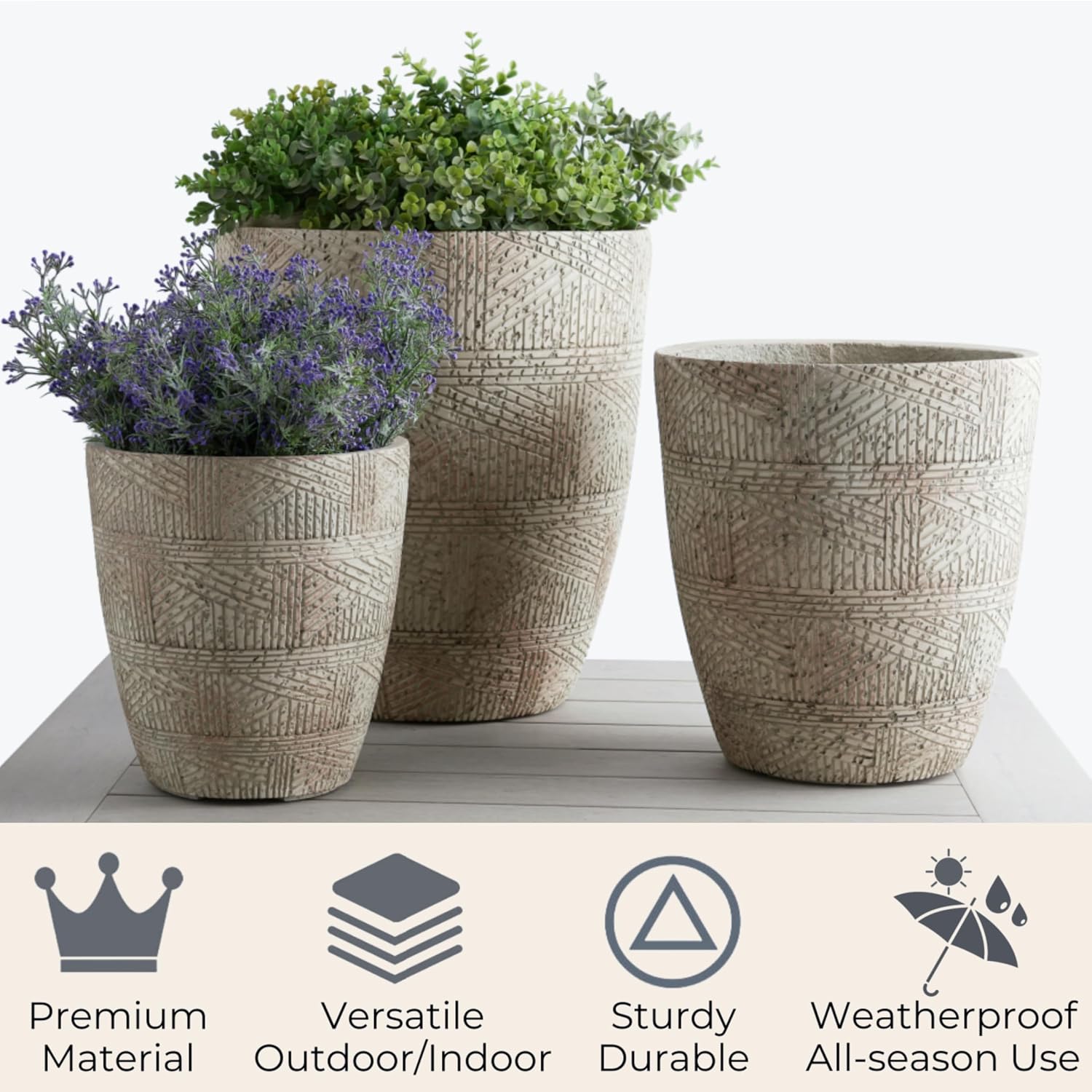 17.7"+13.7"+11.4" Weathered Concrete Planters with Drainage Hole Set of 3 | Hand-finished Flower Pots for Indoor