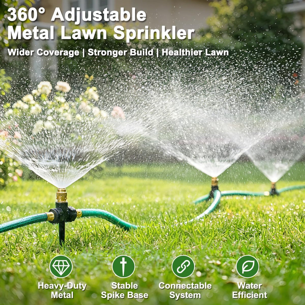 FANHAO 3-Pack Heavy-Duty Metal Lawn Sprinkler with Spike Base, 360° Adjustable Garden Water Sprinkler for Lawn