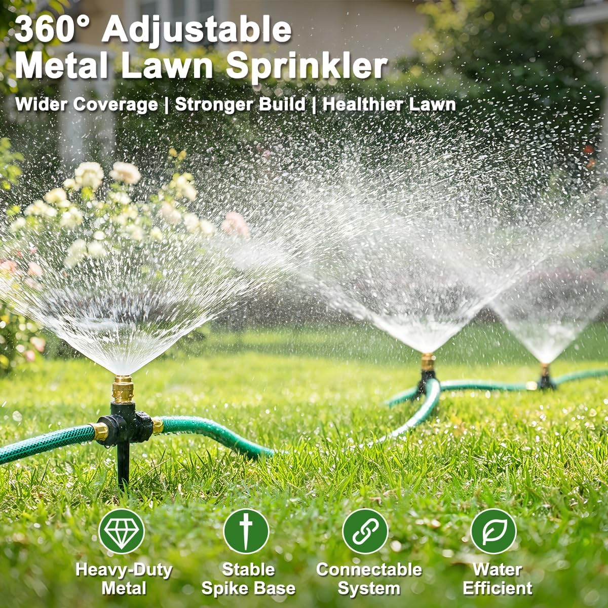 FANHAO 3-Pack Heavy-Duty Metal Lawn Sprinkler with Spike Base, 360° Adjustable Garden Water Sprinkler for Lawn