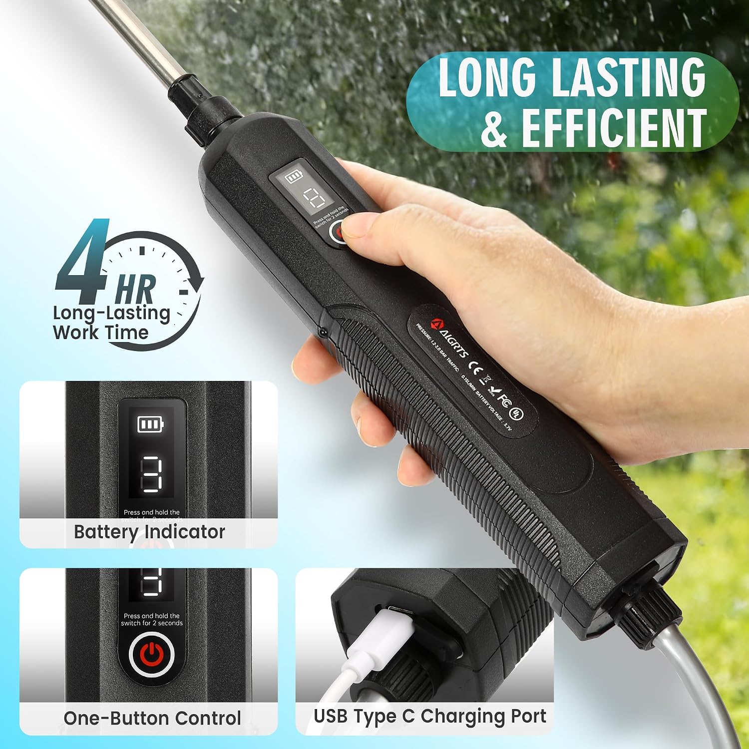 Battery Powered Sprayer 1.35 Gallon, Upgrade Electric Sprayer with Ergonomic Handle for Retractable Wand, Force