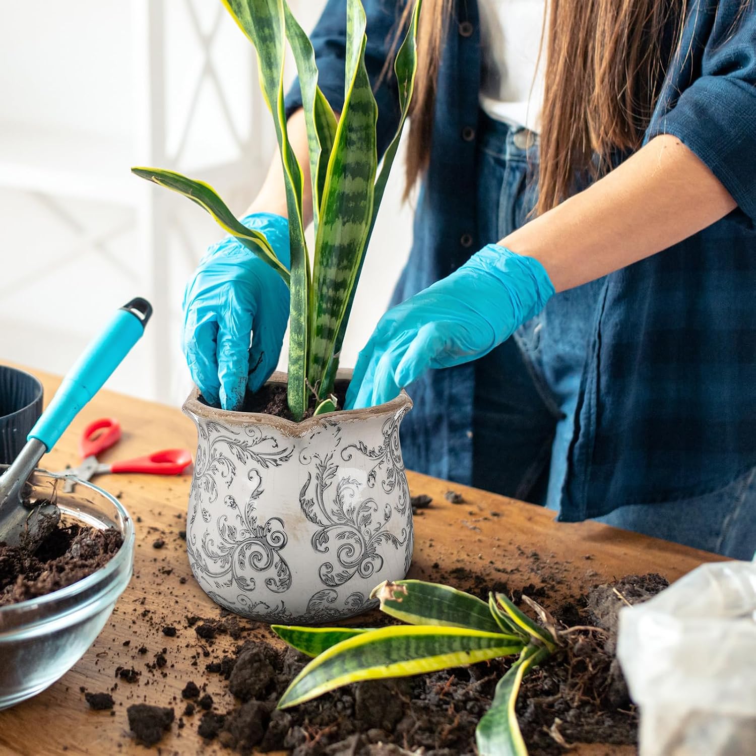 6 Inch Ceramic Planter Gray Scroll Planter Decorative Plant Pots with Crackle Glaze for Home Kitchen