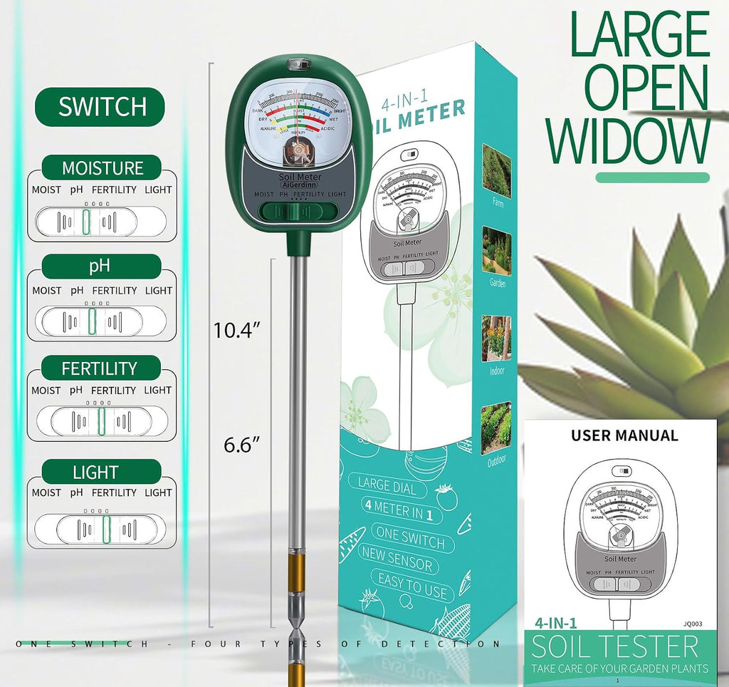 Soil Tester, Soil Moisture Meter/Soil pH Meter/Sun-Light/Fertility for Gardening, Large Dial Soil pH Tester Plant Water