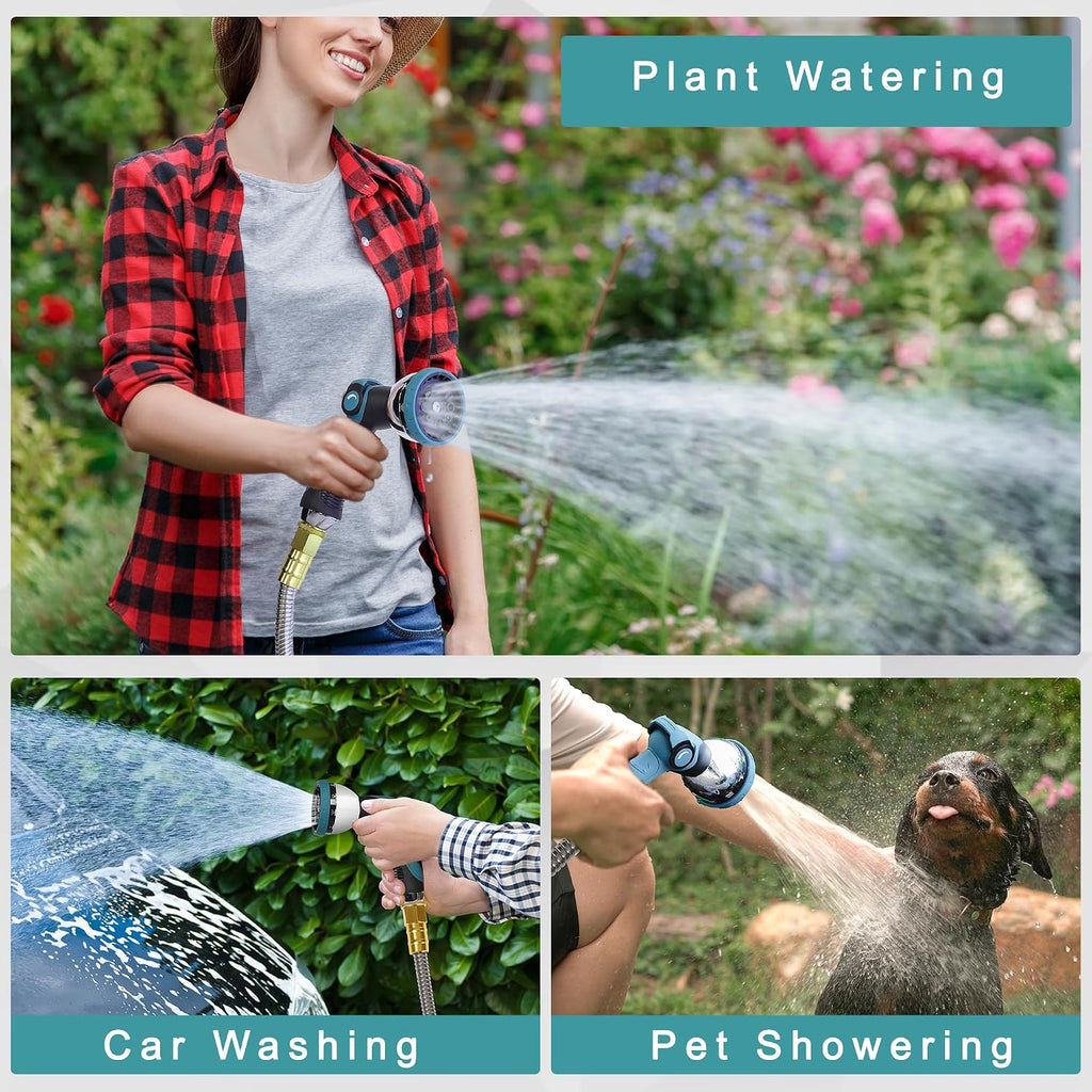 25FT Garden Hose, Stainless Steel Water Hose Flexible with a 10-Mode Nozzle Sprayer, No Kink, Lightweight, Puncture