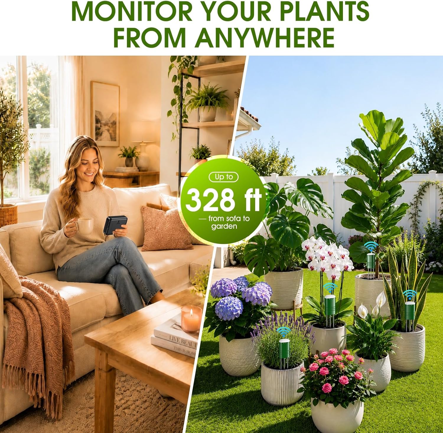 Soil Moisture Meter for Plants,4-in-1 Wireless Soil Tester,Soil Thermometer/Moisture/Sunlight Time,Large