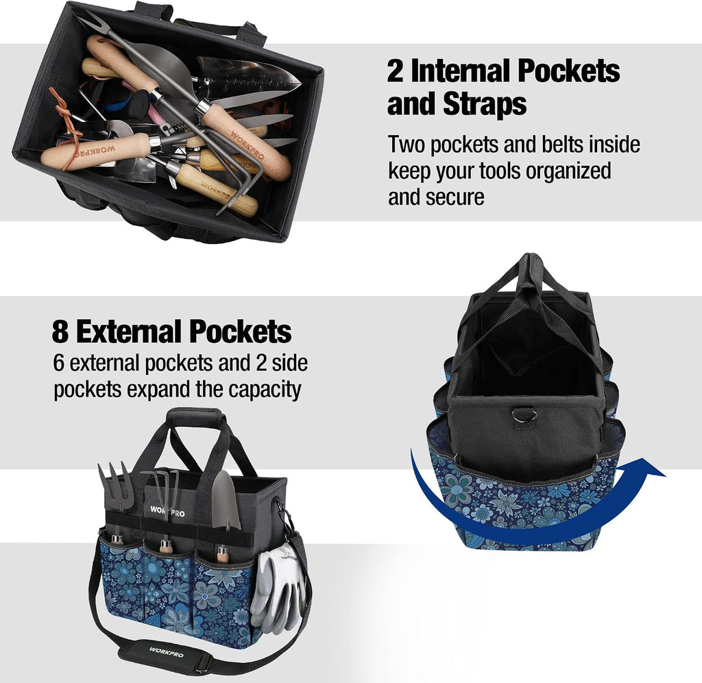 WORKPRO Garden Tool Bag, 10 Pockets and Shoulder Strap, Floral Blue | Heavy Duty Gardening Organizer Tote Bag Standable