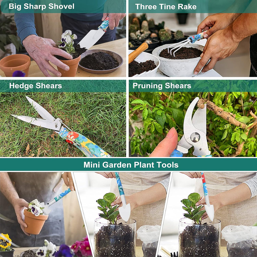 Tbltaca Garden Tool Set, Stainless Steel Heavy Duty Gardening Tools 30 PCS w/Floral Print, Trowel Rake Weeder Pruner