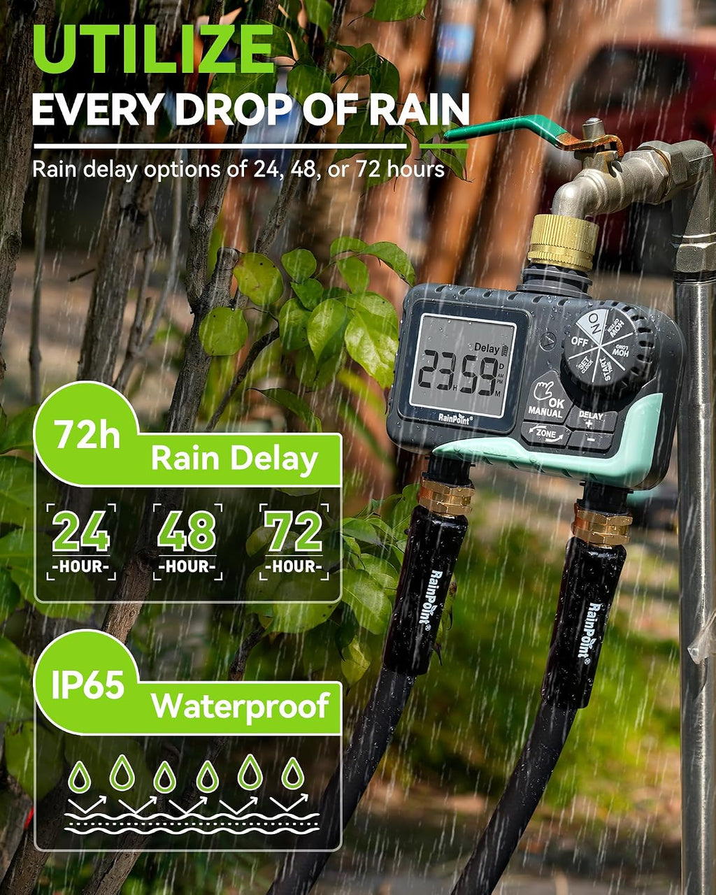 RAINPOINT Water Timer for Garden Hose - Sprinkler Timer with Brass Swivel - Rain Delay/Manual Watering/Automatic