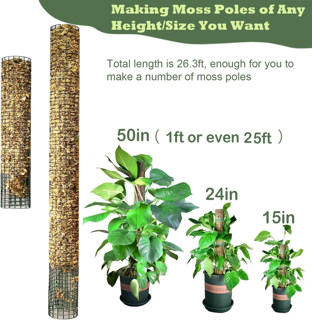 Moss Pole DIY Kit, 26.3ft Metal Moss Pole for Plants Monstera, 8Pcs 8.3in×3.3ft Steel Wire Mesh with Plier, Cable Zip