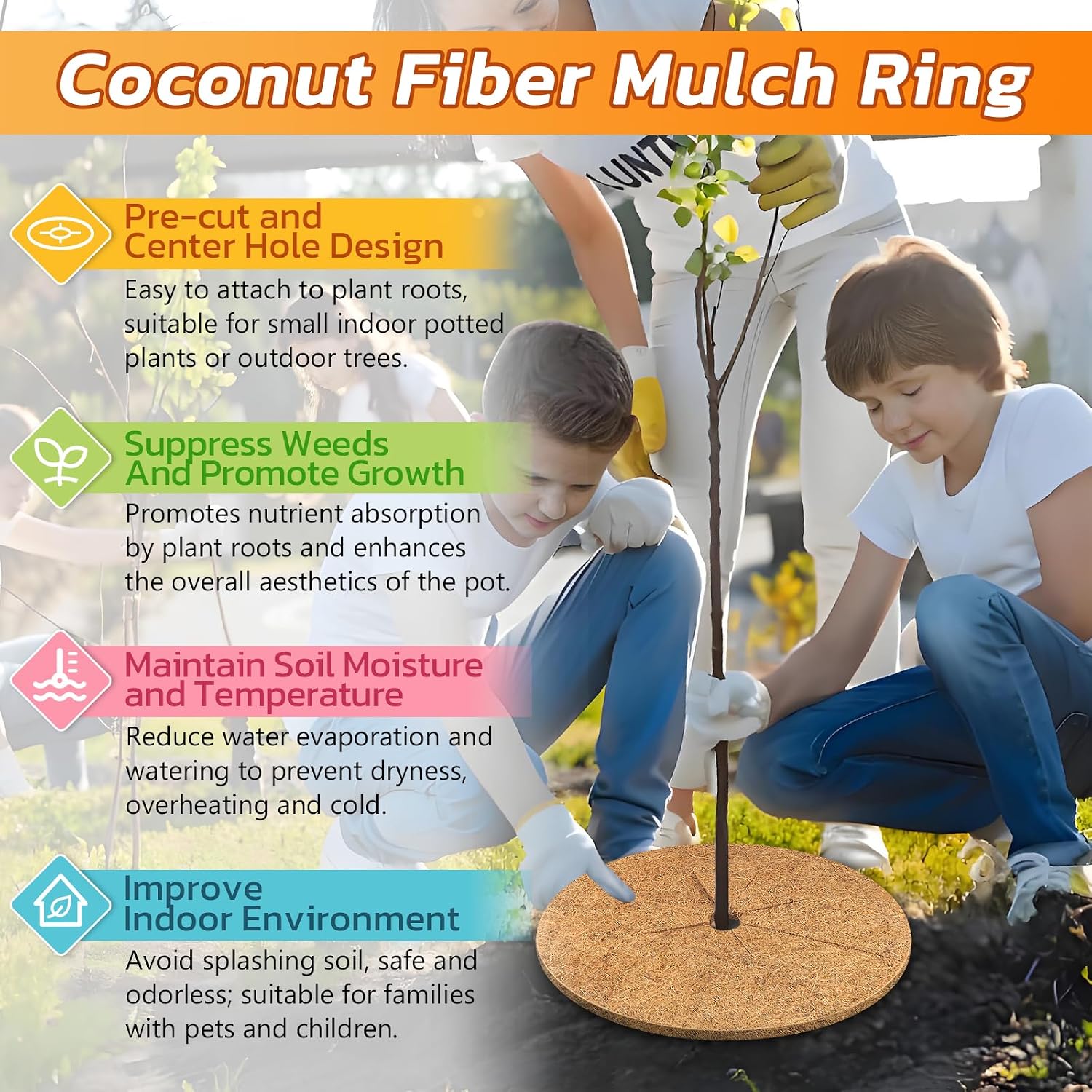 4 Pack Coconut Fiber Mulch Ring Tree Plant Protector Mat, 24 Inch | Natural Coco Coir Tree Mulch Ring Plant Pot Soil