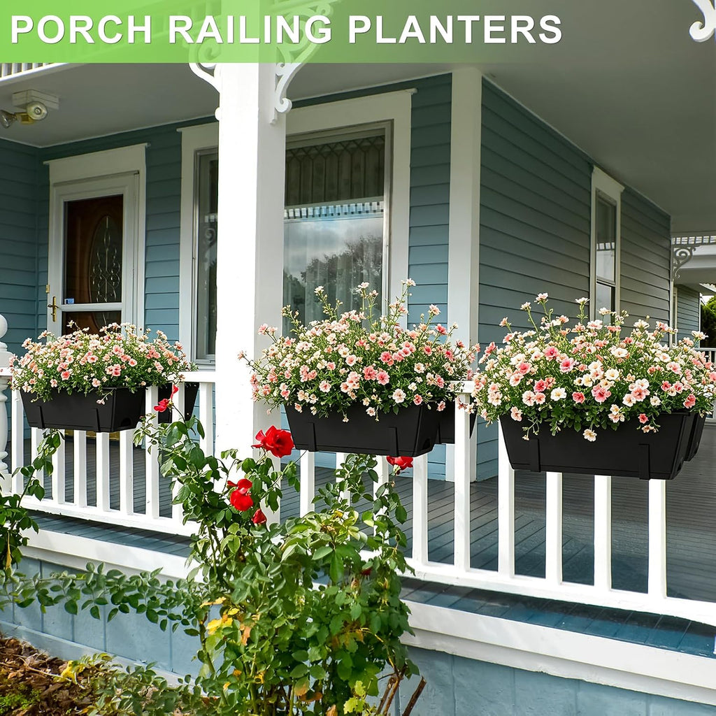 Railing Planter Box Adjustable Window Boxes Planters Set of 2, Black | Hanging Balcony Planters with Removable Bracket