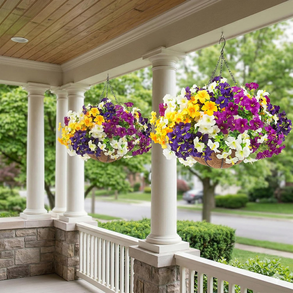 2 Set Artificial Outdoor Flowers with Hanging Baskets,24 Pcs UV Resistant Faux Petunias Flowers with Hanging Planter