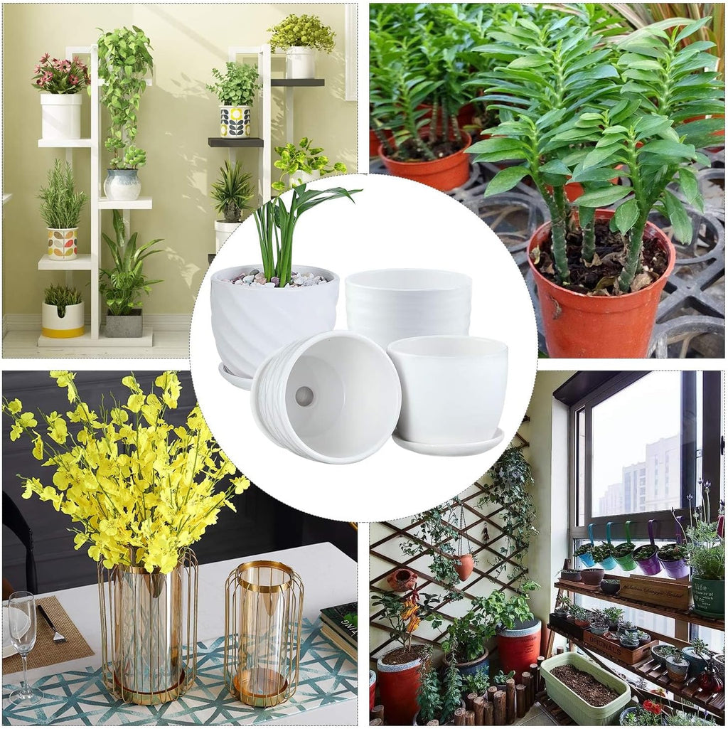 sietpoek 4.7” Ceramic Plant Pots with Drainage and Saucer 4PCs White | White Ceramic Flower Pots with Drainage Hole and