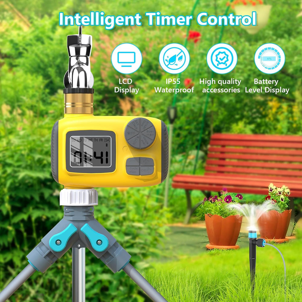 100FT Drip Irrigation System Kit with Water Timer for Garden | 1/2" High-Flow Mainline Auto Irrigation System, 16pcs
