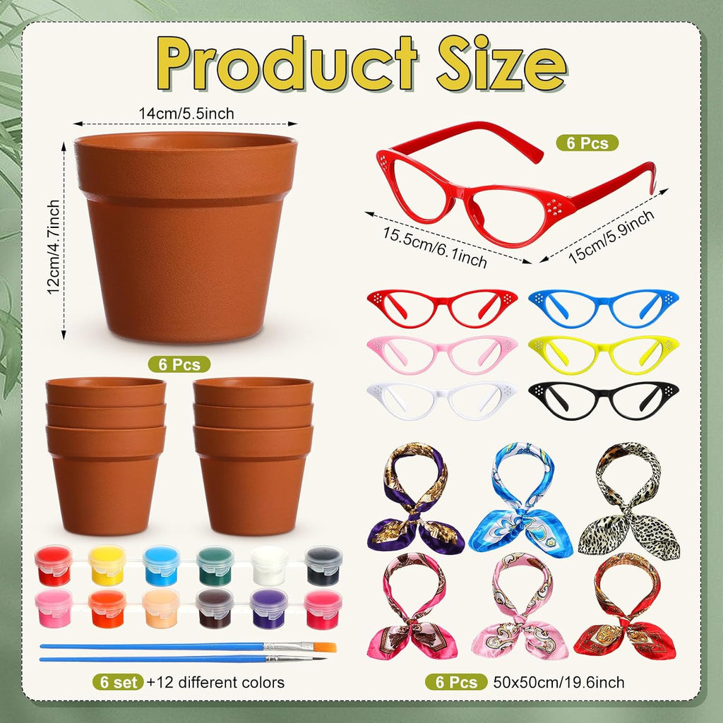 Sliner 6 Set Cute Face Flower Pot Planter Funny Plant Pots Painting Kit Include Glasses Silk Scarf Acrylic Paint