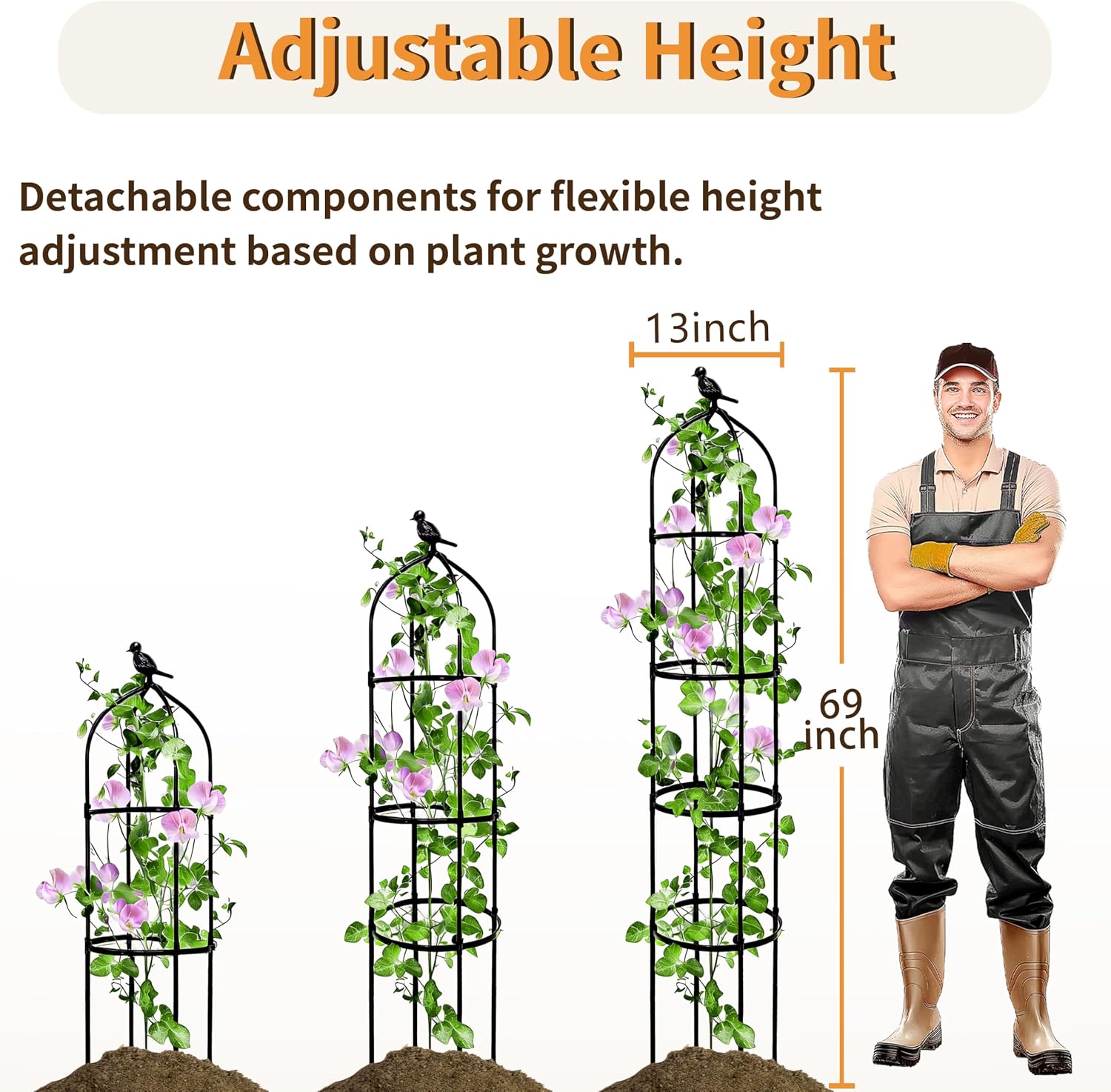 2 Pack Garden Obelisk Trellis for Climbing Plants Outdoor, 6FT Adjustable Metal Plant Support with 3 Decorative Tops