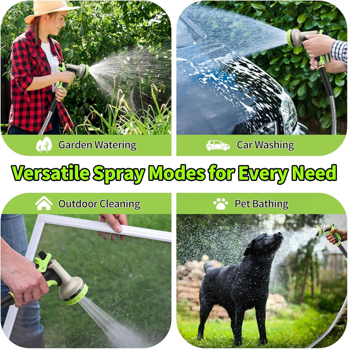 GOXAWEE 100FT Garden Hose, Stainless Steel Water Hose, 10 Function Nozzle | Heavy Duty Metal Water Hose (No-Kink, Tough
