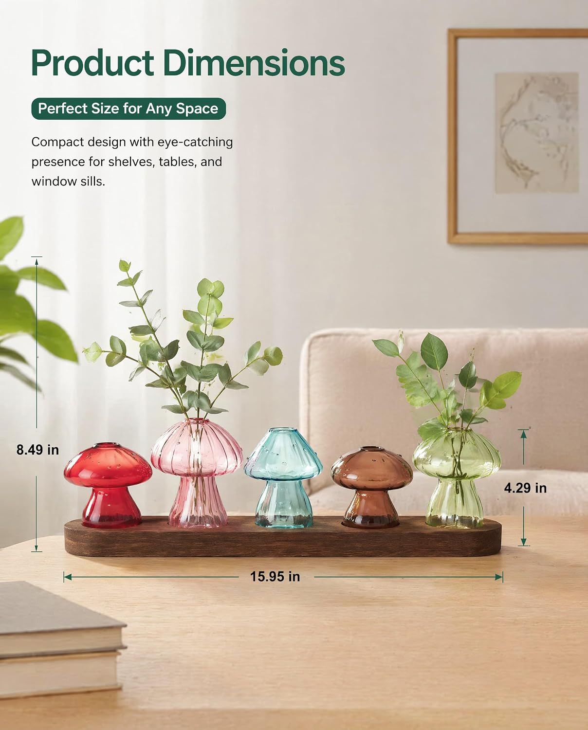 Mushroom Glass Vase Set of 5, Colored Propagation Station, Mushroom Planter | High Borosilicate Glass for Home Office