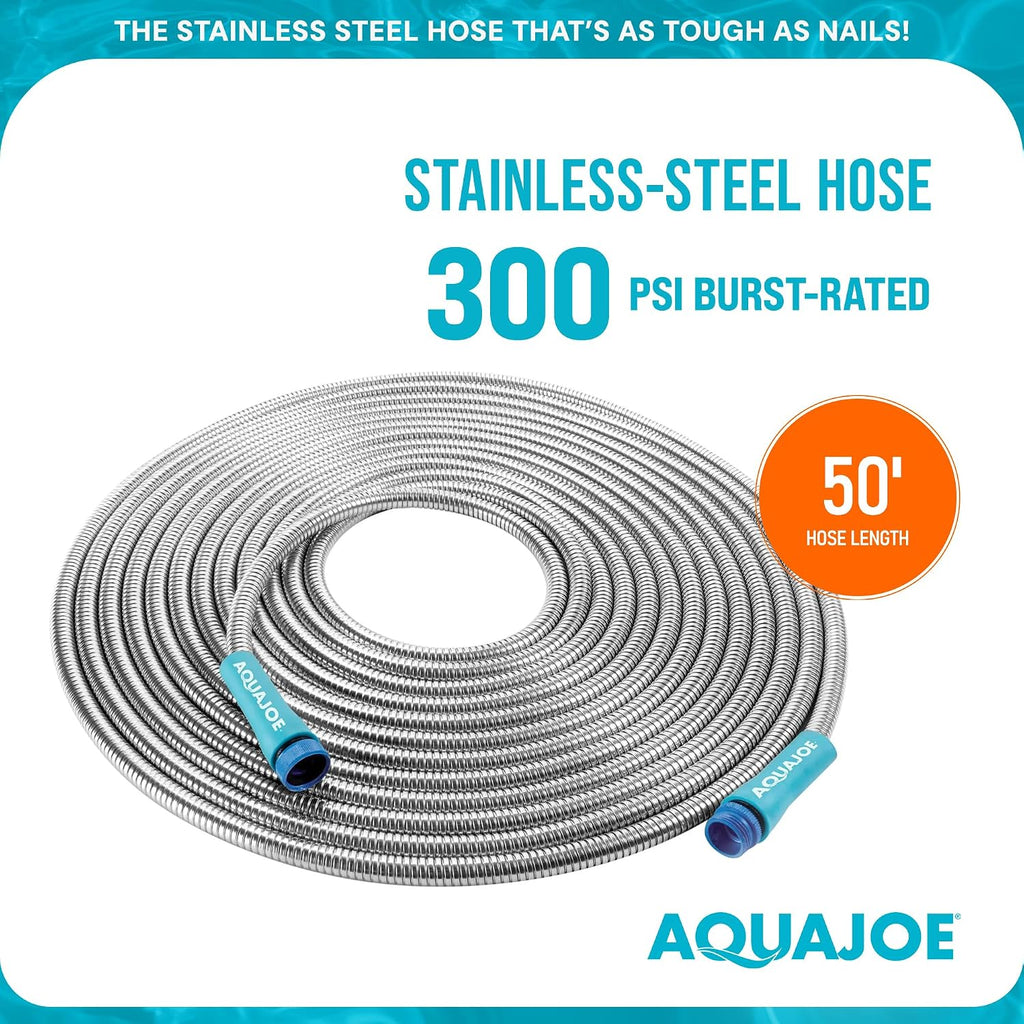 Aqua Joe 50-Foot Heavy Duty Garden Hose, Spiral 304 Stainless Steel Metal Hose, Puncture Proof, 1/2 Inch Diameter with