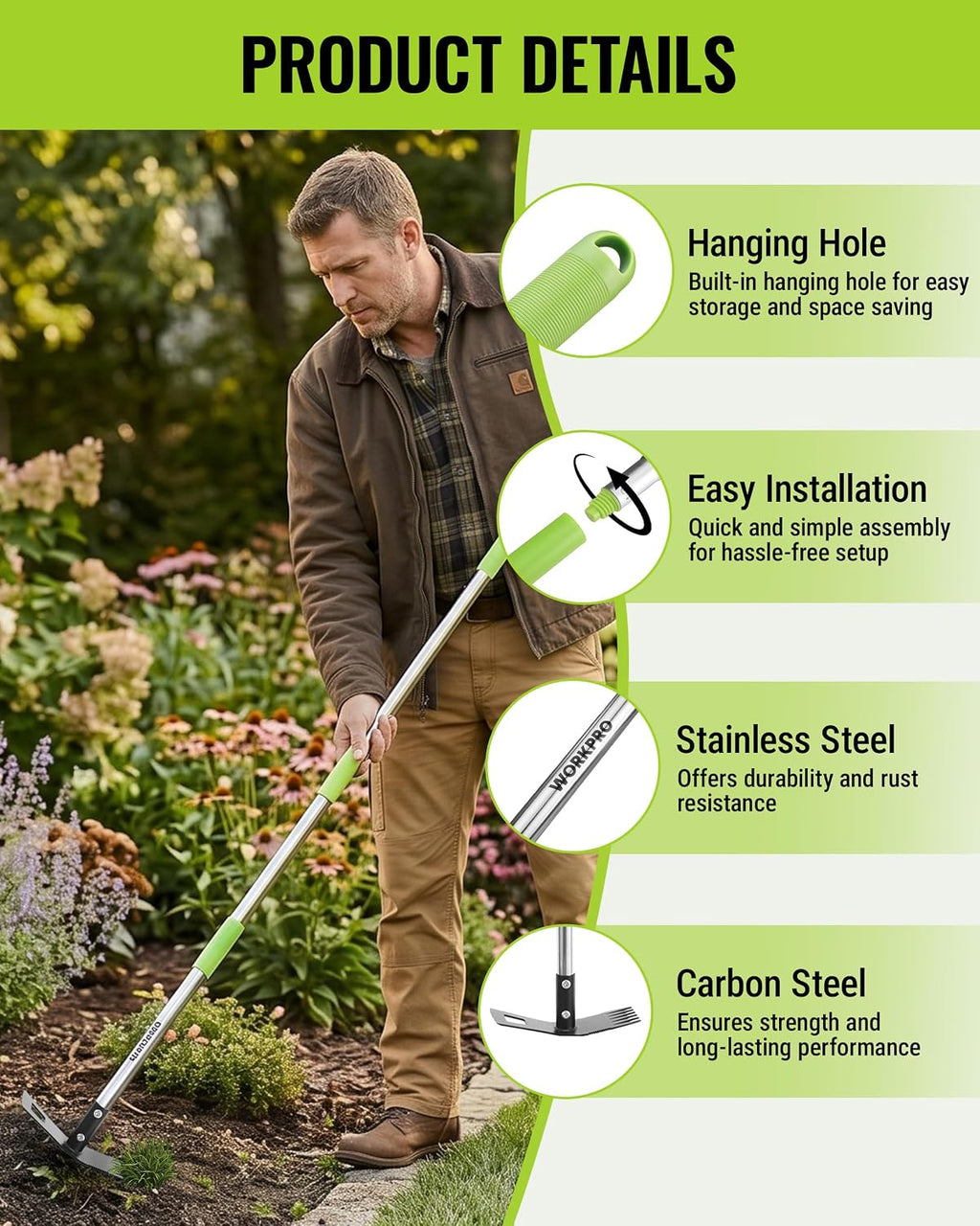 WORKPRO Weed Puller Tool with Long Handle, 2-in-1 Garden Hoe & Weed Rake | 29"-56" Adjustable Manual Weeding Tool