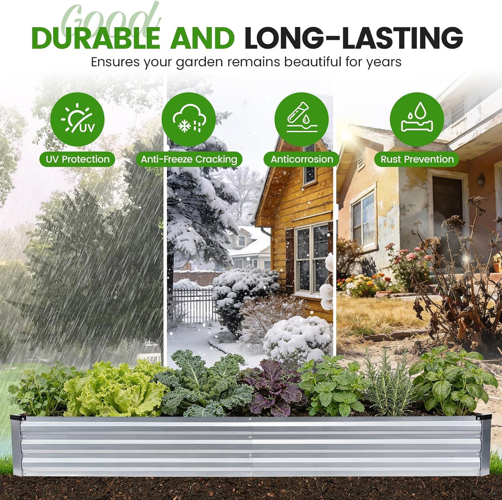 G GOOD GAIN 2Pcs Galvanized Raised Garden Bed 8x4x1ft for Herbs, Silver | Metal Planter Box Outdoor, Rectangular Raised